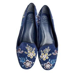 Tory Burch Blue Suede Floral Embroidered‎ Smoking Loafers 8M Shoes Flats